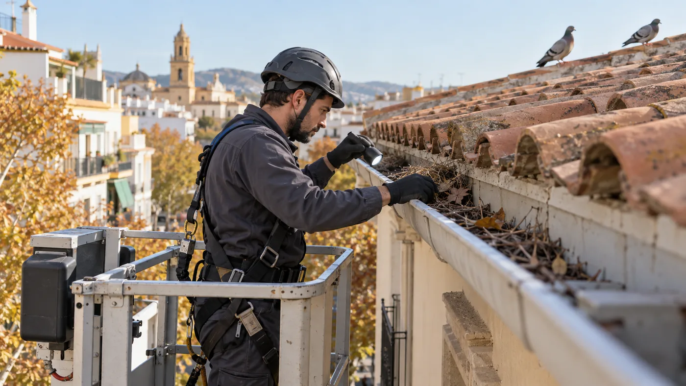 Técnico inspeccionando un canalón con material de nido de palomas en Sant Feliu de Llobregat